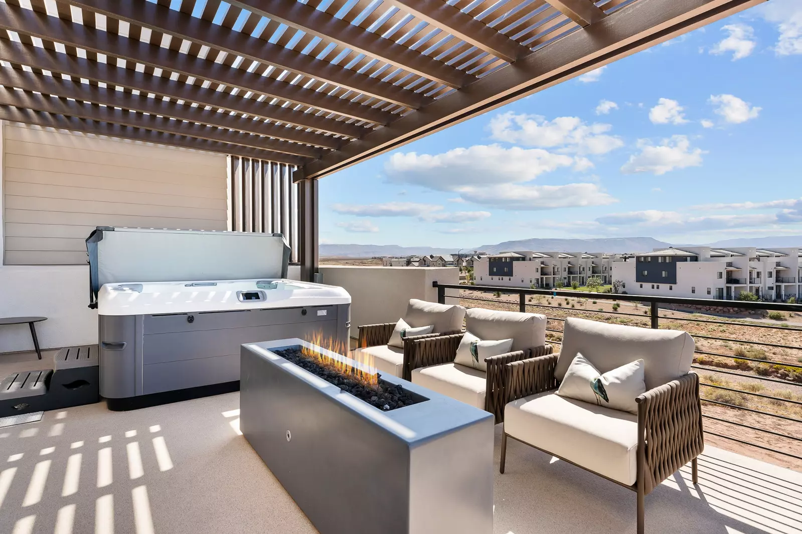 Patio Space with Hot Tub and Fire Table