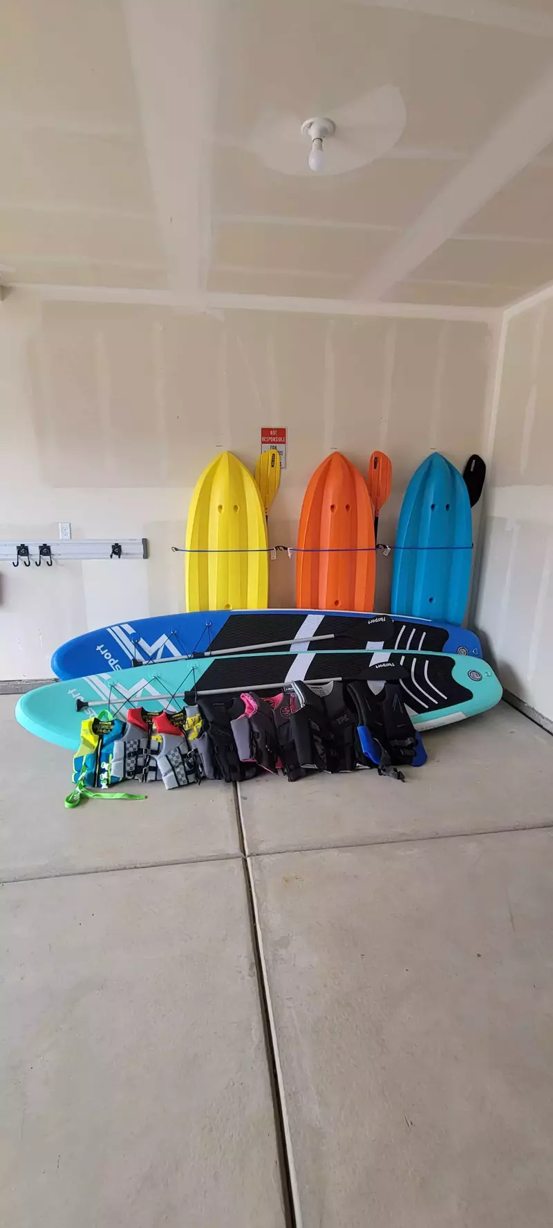 3 Youth Kayaks, 2 Inflatable Paddle Board, Life Vests