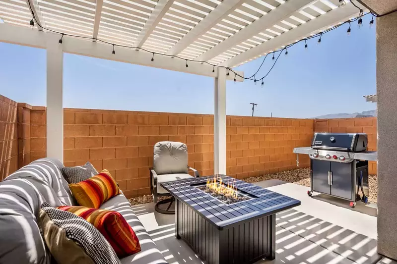 Patio Fire Table, Pergola, Lights