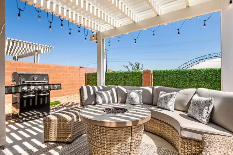 Back Patio Seating Pergola with BBQ Grill and Fire Table