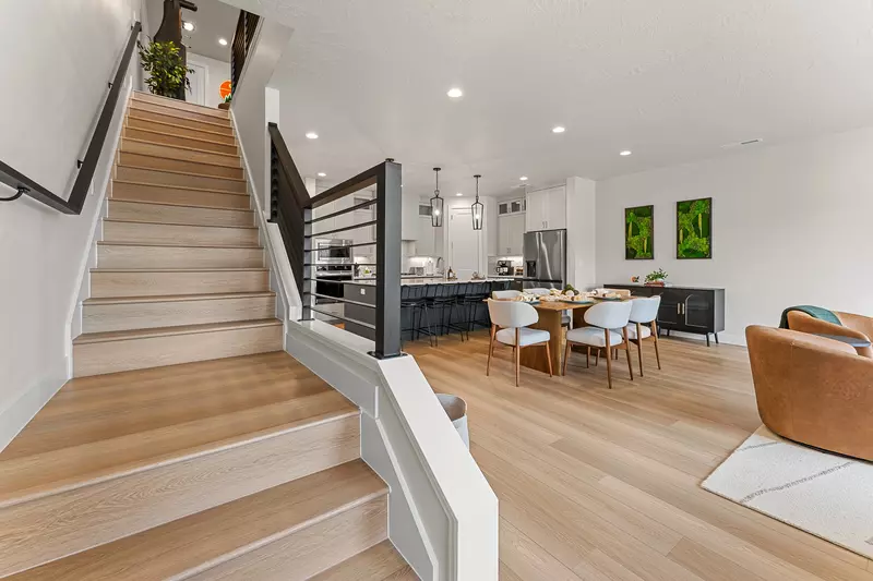 Stair Case with view of Dining Room