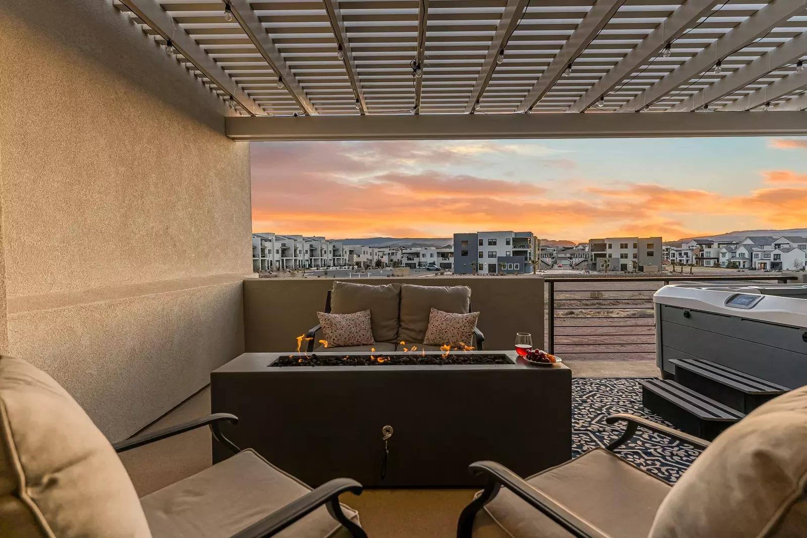 Patio Seating and Fire Table, Private Hot Tub