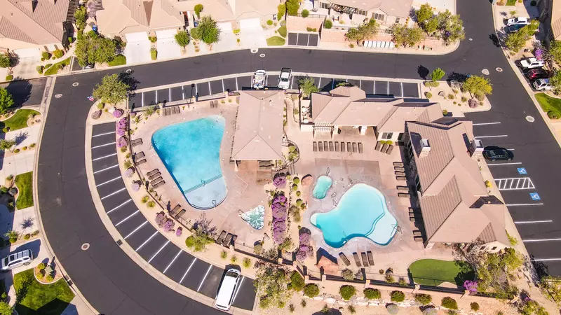 Aerial View of Clubhouse, Pool and Hot Tub